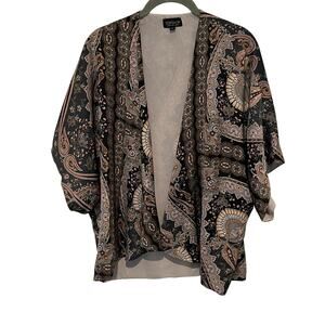 Topshop Paisley Kimono Size 6 Boho Open Front Oversized Gray Black Dressy Silky